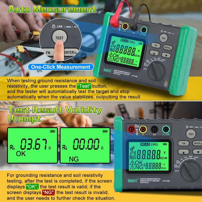 DUOYI Earth Resistance Tester 0.03-2000 ohm Meter,Upgraded Digital Earth Ground