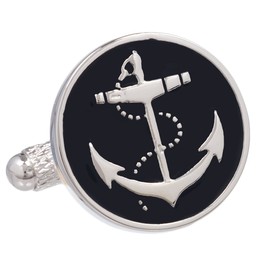 Cufflinks - Round Black Cufflinks With a Ship Anchor Design Presented in an Onyx Art Cufflink Box