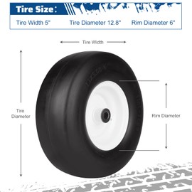 13x5.00-6 ILONPA 2PCS Flat Free Smooth Tire w/Steel Wheel Fits Deck 36"-46" Residential Riding Lawn Mower & Garden Tractor- Hub 3.25"-5.9" (Adjustable via Spacers), Bore ID 3/4" 135006