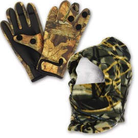Fully Fleeced Snood Face Cover & Neoprene Fingerless Gloves Matching Camo Set M L XL Carp Fishing Hunting Dog Walking (M)