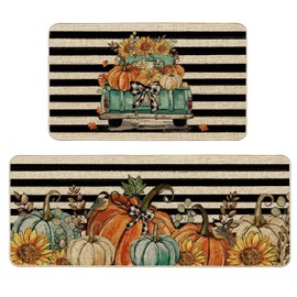 Cloudfomila Fall Truck Pumpkin Kitchen Mats Set of 2, Sunflower Floral Kitchen Rugs Autumn Thanksgiving Harvest Seasonal Low Profile Floor Mat Farmhouse Non-Slip Runner Home Decor 17x29 and 17x47 Inch