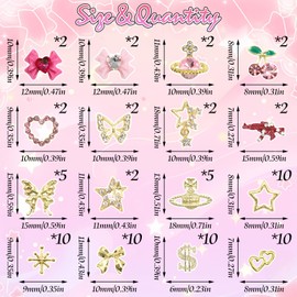 BELICEY 78Pcs 3D Nail Charms Set Gold Star Cherry Planet Charms for Acrylic Nails Alloy Gun Dollar Bow Nail Art Charms Gems Rhinestones Accessories Y2k Nail Jewels for Nail Art Supplies Crafts