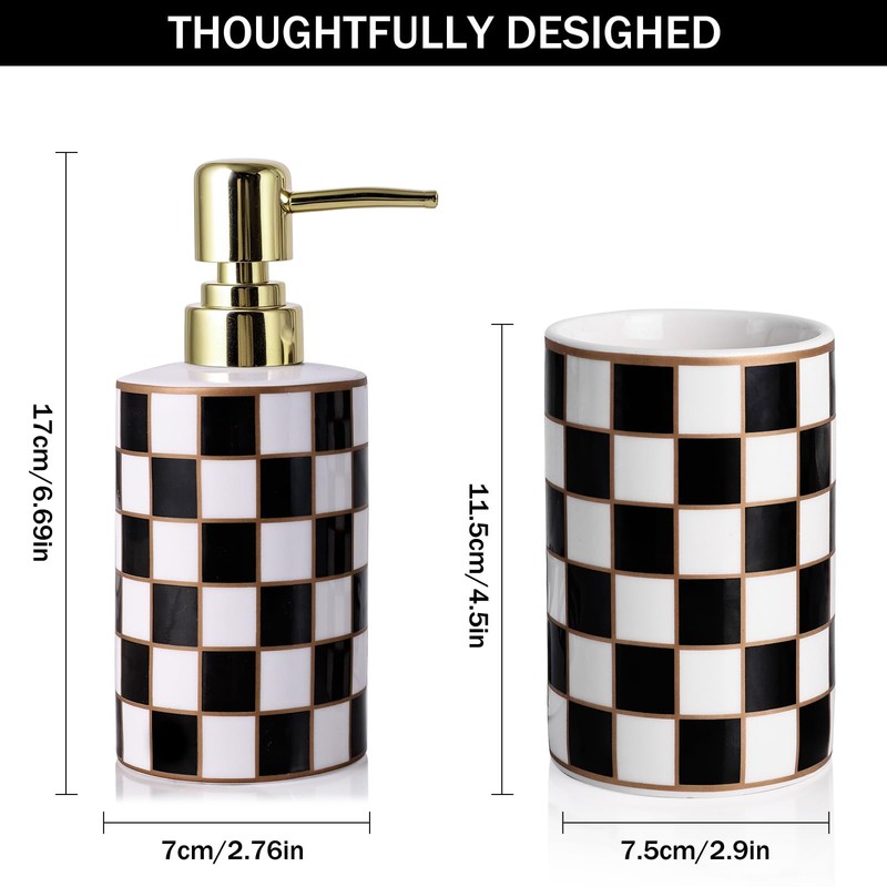 Bathroom Toothbrush Holder Set, Ceramic Checkered Soap Dispenser and Tooth