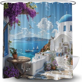 JOFKAXU Santorini Shower Curtain Greece Island Purple Flower European City Architecture Ocean Coastal Beach Village Natural Scenery Bathroom Curtain with Hooks