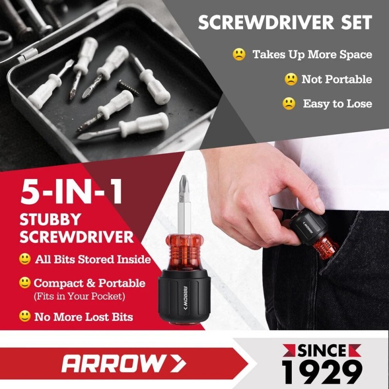 ARROW 2PC 5-in-1 Stubby/11-in-1 Standard Multi-bit Screw Driver & Nut