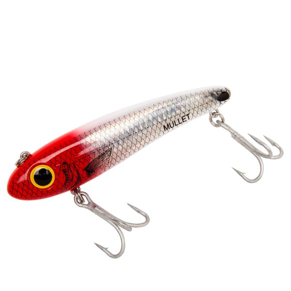 Bomber Lures Mullet Slow-Sinking Twitch, Walking Saltwater Fishing Lure, Excellent for Speckled Trout, Redfish, Stripers and More, 3 1/2", 5/8 oz, Red Head Flash