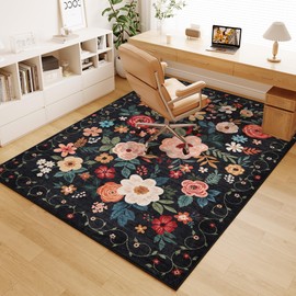 DUKINO 4'x6' Office Chair Mat, Lightweight Non Slip Washable Floral Area Rug, Indoor Low Pile & Non-Shedding Boho Design Rugs for Bedroom, Living Room, Dining Room, Black