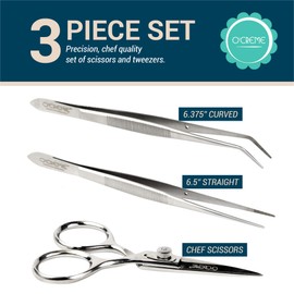 O'Creme Stainless Steel Precision Kitchen Culinary Fine-Tip Tweezer Tongs 6-1/2 inch straight and 6-3/8 inch Curved, Plus Super Sharp Chef Scissors, Total 3 Pieces Set (Silver)