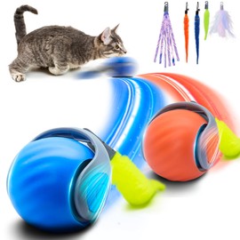 wisafoi 2Pcs Interactive Cat Toy for Indoor Cats, Speedy Ball with Tail, Automatic Moving Cat Balls for Bored Indoor Adult Cats, 360°Automatic Rolling Ball Toy, Two Speed Adjustment（Orange&Blue）