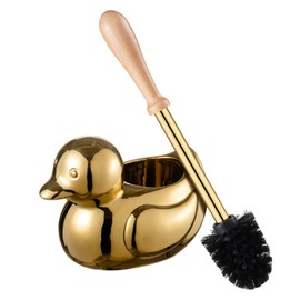 Duck Toilet Brush and Holder Set - Ceramic Bathroom Toilet Scrubber Brush Organizer with Wooden & Stainless SteelHandle, Gold Toilet Brush & Cute Duck Design for Bath Decor Storage