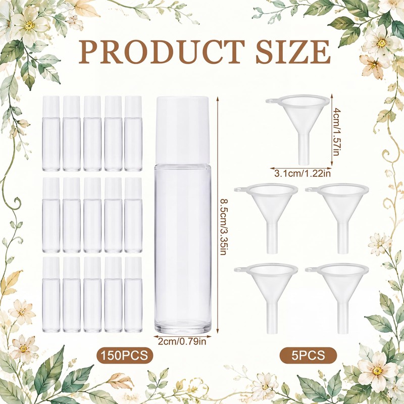 150 Pcs Glass Essential Oil Roller Bottles 10 ml, Clear,White