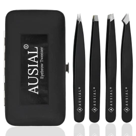 Eyebrow Tweezer Set for Women and Men Pointed Slant Precision Splinter Tweezers Stainless Steel for Plucking and Ingrown Hair Removal Tweezers with Magnetic Case Box 4PCS