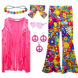 XonyiCos 8 Pcs Girls Kids 60s 70s Hippie Costume Disco Outfits Fringe Vest Boho Bell Bottoms Hippie Outfits Accessories Set (Peace Love, 11-12 Years)