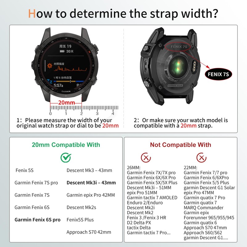 MDBBLBM Silicone WatchBand Compatible With Fenix 8 AMOLED 43mm/7S/6S/5S, 20mm