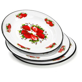 Lawei 3 Pack Enamel Dinner Plates, 10.5 Inch Round Shallow Enamelware Plates Serving Platter Trays, Vintage Salad Pasta Bowls, Chinese Style Decorative Plates for Outdoor Camping Picnic BBQ, Butter