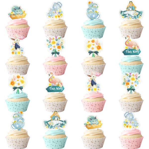 Alice Wonderland - Decoración para cupcakes de primavera y Pascua, decoración de fiesta de té para niñas, decoración de pasteles, suministros de fiesta de cumpleaños para niñas