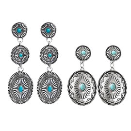 Dreuyet 2 Pairs Western Earrings for Women Vintage Rustic Couture's Cowgirl Oval Turquoise Dangle Earring Concho Dangling Earrings Country Concert Outfits Statement Jewelry (Elliptical Tqse)