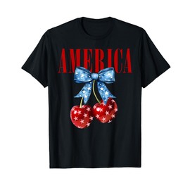 Cute America Cherries Coquette Bow Funny Cherry 4th Of July T-Shirt