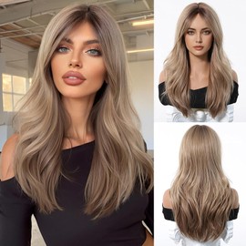 Esmee Long Wave Ombre Blonde Wig for Women with Curtain Bangs Natural Synthetic Hair Wigs for Daily Party Use