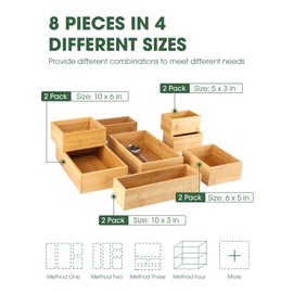 Kootek 8 Pcs Bamboo Drawer Organizer Utensil Tray Kitchen Storage Box 4-Size Versatile Dividers Cutlery Holders Bins Containers for Flatware Kitchen Utensils