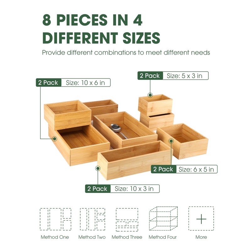 Kootek 8 Pcs Bamboo Drawer Organizer Utensil Tray Kitchen Storage