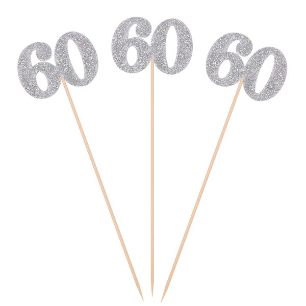 Pack of 10 Silver Glitter 60th Birthday Centerpiece Sticks Number 60 Table Topper Age Letter Decorations