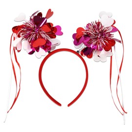 Sequin Heart Head Boppers Valentine's Day Headband Red Pink Tinsel Ball Ribbon Hair Accessories for Women Girls Valentine Wedding Party Photo Prop Decor 1 Pack