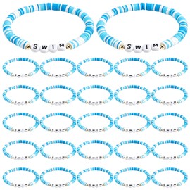 Lukiisoo 30pcs Swim Bracelet Gifts Bulk Blue Polymer Clay Beads Stretch Bracelets Multi-Layer Stackable Friendship Bracelets Swimming Party Favors for Swim Team Swims Lover Player(7.5inch)