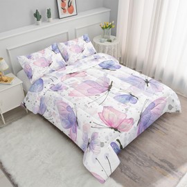 Smell Sunshine Kids Comforter Set Butterflies Printed Pattern Bedding Set with 1 Comforter and 2 Pillowcases for Girls Boys Bedroom All Season(Butterflies Queen)