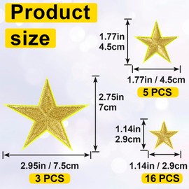 PAGOW 24pcs Gold Star Iron on Patch, Sew on Star Embroidered Patches, Iron on Star Fabric Patches, Appliques Embellishments Patches for Hats, Jackets, Clothes, Decor & Repair (1"+1.8"+3")