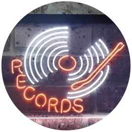 Records Turntable DJ Bar Dual Color LED Neon Sign White & Orange 12" x 8.5" st6s32-i3302-wo