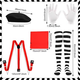 Charfia Pantomime Costume Women Men Carnival Costume Black Beret Hat Stockings Black White Striped Red Cloth Red Adjustable Braces Gloves Fancy Dress Costumes Carnival Costume, black