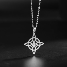 KKJOY - Collar de nudo de brujas de acero inoxidable, nudo mágico pagano, símbolo de Wiccano, colgante de 4 puntos, nudo celta, collar de brujería para mujer, 45+5cm, Acero inoxidable, Sin piedra preciosa