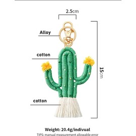 Reizteko Lindo llavero de cactus tela hecho a mano bohemio con borla esponjosa, colgante de portafolios para mujer (verde zacate)