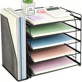 OPNICE Organizadores y accesorios de escritorio, bandeja organizadora de papel de 5 niveles con soporte para revistas, accesorios de escritorio de ofi
