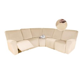 HDCAXKJ Reclining Sectional Couch Covers Velvet L Shaped Sectional Sofa Cover Washable Stretch Soft Corner Recliner Slipcover with Non-Slip Elastic Bottom (5 Seat Recliner Couch, Oatmeal)