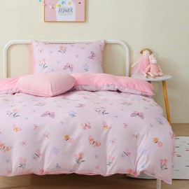 FEKOHIPY Kids Duvet Cover Set Pink Butterfly Children's Bedding 135x200 Girls Flower 3D Print Microfibre Kid Duvet Cover with Zip and 1 Envelope Pillow Case 50x75cm Fairy Child Bed Linen Single