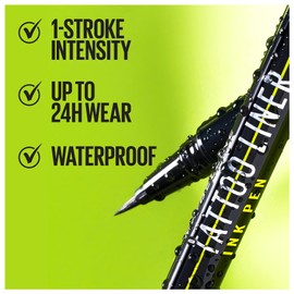Maybelline Pen Eyeliner, Waterproof, Brush Tip Liner, Precise Lines, Tattoo Impact, Up to 24h Wear, Tattoo Liner Ink, Jet Black