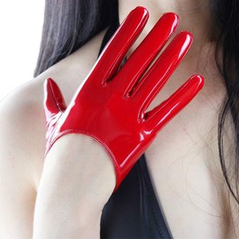 DooWay Short Red Leather Gloves Women Faux Patent PU Wet Look Latex Gloves 13cm Half Palm Cosplay Costume Party