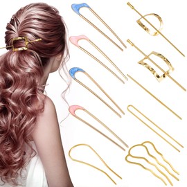 OIIKI U Shaped Hair Pins 10pcs, Metal French Hair Pins, Gold Hairpins Hair Fork Stick Oval Side Comb for Buns Women Girls Hair Styling Tool Accessories