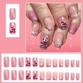 Christmas Press on Nails Glitter Pink Short Square Fake Nails Christmas Tree False Nails Snowflake Bow Designs Full Cover Glossy Glue on Nails for Women 24PCS