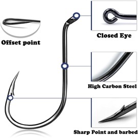 9KM DWLIFE Octopus Hooks Fishing Saltwater - 100pcs Offset Beak Fish Hooks/Closed Eye/Barded/Black for Fishing Rigs Bass Catfish 3/0#