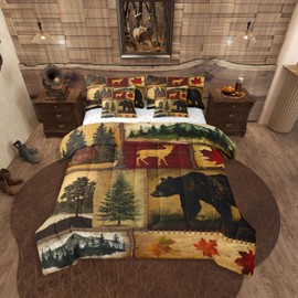 Erosebridal Rustic Farmhouse Comforter Set 7 Pcs Full,Retro Cabin Lodge Down Comforter,Hunting Bear Deer Bed in a Bag,Country Maple Leaves Duvet Insert,Rustic Woodland Pine Tree Sheets,Red Brown