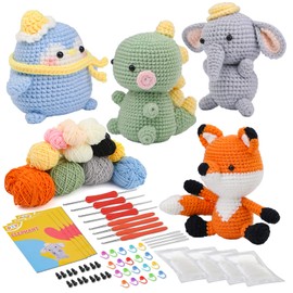 Cute Animal Crochet Kit 4 Pattern Crochet Kit Including Crochet Hook, Yarn Balls, Needles, Instructions, Accessories Kit Starter for Beginners and Professionals, Penguin, Dinosauria, Fox, Elephant