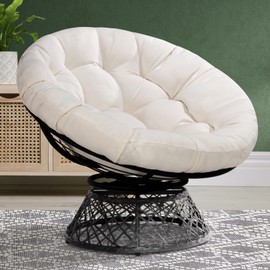Bme Arctic Snow - Black Base 40" Ergonomic Wicker Papasan Chair with Soft Thick Density Fabric Cushion, High Capacity Steel Frame, 360 Degree Swivel for Living, Bedroom, Reading Room, Lounge