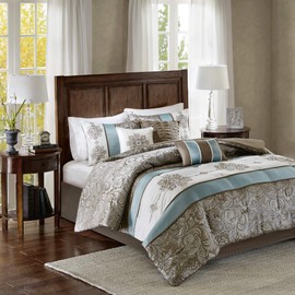 Madison Park Comforter Faux Silk-Traditional Luxurious Jacquard Design All Season Set, Matching Bed Skirt, Decorative Pillows, Queen(90"x90"), Blue