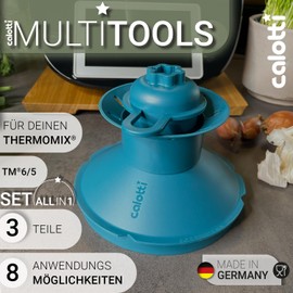 Calotti® Multitools for Thermomix TM6 and TM5 - Funnel, Mixing Room Reducer, Steam Fireplace, Splash Guard, Dough Flower, Lid, Portioner, Cutter - All in One - Eight Functions, Three Pieces, One Set