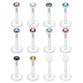 Gojewen 12pcs Plastic Lip Bars Acrylic Labret Studs 16G with Crystal Flexible Bioflex Helix Tragus Bars Retainers Piercing 6mm