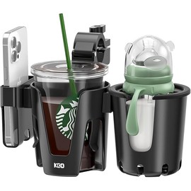 KDD Stroller Cup Holder with Phone Holder, 3-in-1 Removable Bottle Holder, 360 Degrees Rotation Drink Holder for Wheelchair, Stroller, Bike, Walker, Scooter, Bicycle, Uppababy, Bugaboo, Britax,