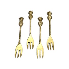 India Handicrafts Tropical Pineapple Handle, Gold Tone 5.5 Inch Stainless Steel Small Dessert Hors d'oeuvres Fork; Set of 4